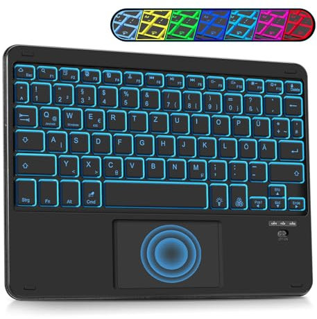 LAMA Kabellose Bluetooth Tastatur mit Touchpad, Ultra-dünn Tastatur mit 7 Farben Beleuchtet kompatible mit iPad/Tablet/iOS/Android/Windows/Laptop/Computer, Deutsches QWERTZ-Layout, Schwarz Beleuchtet