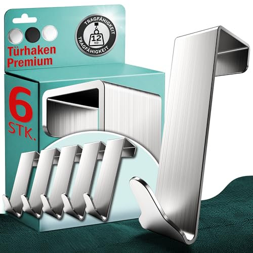 Menz Premium Türhaken zum Einhängen, 6er Set in Silber - Flexible Kleiderhaken Tür, extrem belastbare Türgarderobe aus Edelstahl, universelle Haken zum Einhängen, robuste Türhakenleiste