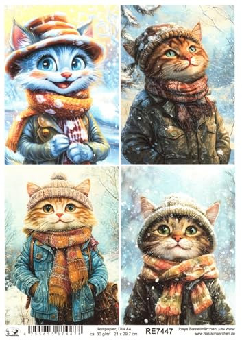 Josys Bastelmärchen Reispapier DIN A4 Strohseide Decoupage Weihnachten Kater Katze Mütze RE7447