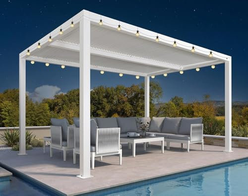 PURPLE LEAF Pergola 3 x 4.25 m mit Lamellendach Terrassenüberdachung Pavillon Wasserdicht Stabil Winterfest Verstellbaren Aluminium-Lamellen mit 14.6 m 24 LED Lichterketten, Weiß