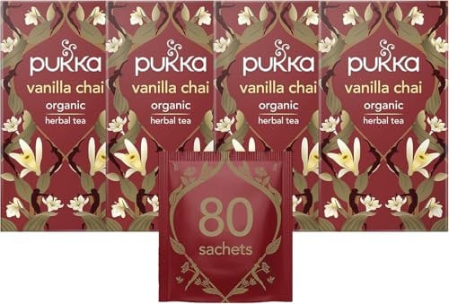 Pukka Herbs, Organic Herbal Tea, Vanilla Chai, With Cinnamon, Cardamom, Ginger, Fennel, Caffeine Free, 20 Teabags (4 Pack)