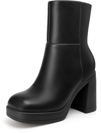 Athlefit Women's High Chunky Heel Platform Ankle Boots Black Size 8