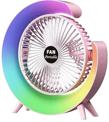 USB Desk Fan 5 Colour LED Lights 3 Levels Air Flow Rechargeable 1800mAh Strong Airflow Quiet Operation Home Office Desk Summer Gift (Pink)