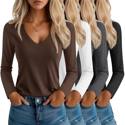 Neer 4 Pack Women's T-Shirts V Neck Long Sleeve Casual Tops Loose Fit Fall Basic Layering Shirts Straight Hem Plain Soft Tees(Black, Brown, Dark Gray, White,X-Large)