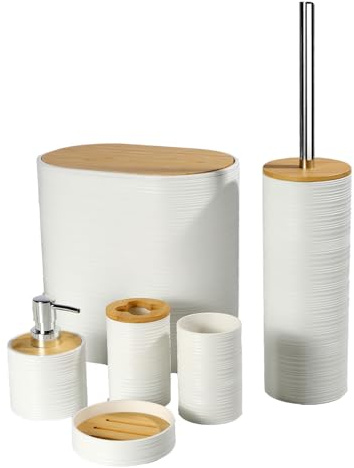 JETAINE Bathroom Accessories Set 6 Pieces, Bamboo Bathroom set Accessory, Luxury Toilet Accessories set w/Trash Can, Toilet Brush, Soap Dispenser, Toothbrush Holder, white