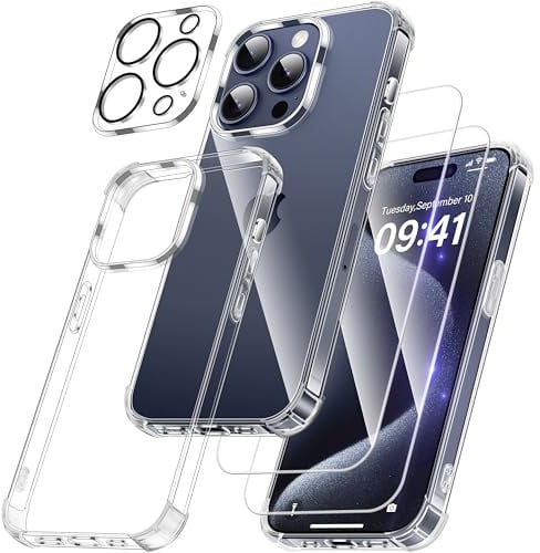 FLLAO 4-in-1 Case for iPhone 15 Pro Max, with 2X HD Tempered Glass Screen Protector and 1 Camera Lens Protector, [Shockproof Air Cushion] [Anti-Yellowing], Slim Soft TPU Bumper Cover, Crystal Clear | 2X Screen Protector and 1 Camera Lens Protector, [Shockproof Air Cushion] [Anti-Yellowing], Slim Soft TPU Bumper Cover