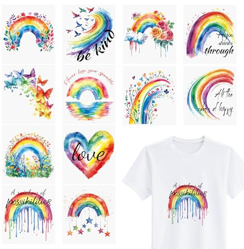 WANDIC 12pcs Rainbow Ribbon Iron on Transfer Stickers,LGBT Awareness Ribbon Decals Gay Pride Charity Event Stickers for Clothing Decorationss