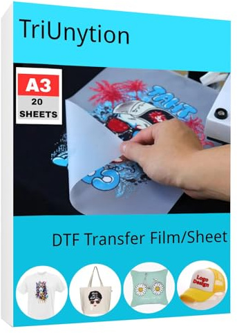 TriUnytion DTF Transferfolie Papier A3 (29,7 x 42 cm), Doppelseitig Matt DTF Transferpapier Klare PET DTF Transfer Film für T Shirts Kleidung Textil Hut (20 Blatt)