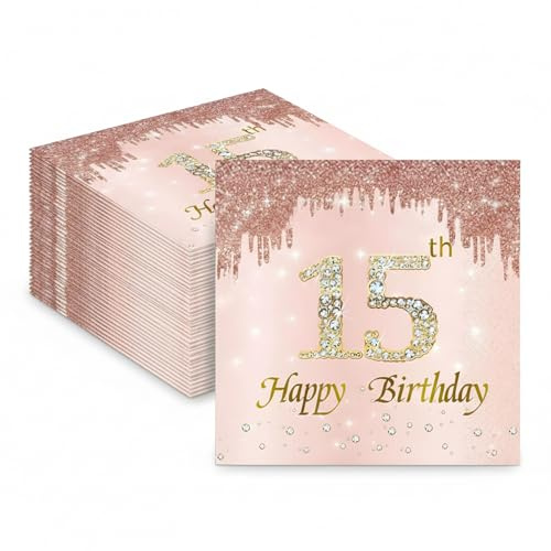 ZingBox 24 Stk Roségold Servietten 15 Geburtstag Mädchen, 33x33cm Servietten Geburtstag 15 Jahre, Deko 15. Geburtstag Mädchen Papierservietten, 15th Happy Birthday Serviettens,15 Geburtstagsservietten