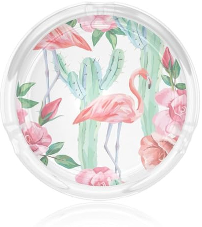 Aschenbecher mit Kaktus-Flamingo-Rosen-Motiv, rund, Glas, transparent, für Innen- und Außenbereich, Dekor-Aschenbecher für Zuhause und Büro