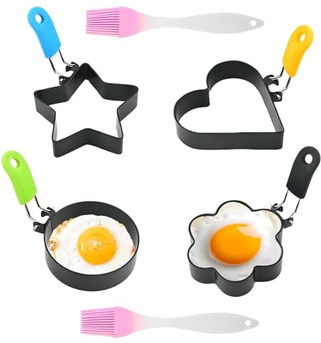 4 stekpanna äggformer, äggringar i rostfritt stål – pannkaksform, äggform med vikbar silikongrepp och oljekvast för perfekt stekta ägg & omeletter, non-stick.