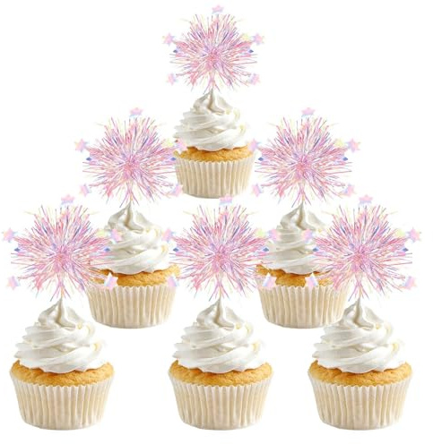 Giftota 50 Stück Geburtstag Tortendeko - Feuerwerk Cupcake Topper, Muffins Deko,Kuchen Deko Geburtstag für Hochzeit Weihnachten Geburtstag Taufe Neujahr(Rosa)