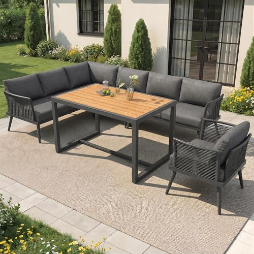 UATARU Garden Lounge for 7 People, Garden Sofa, Armchair, Wooden Coffee Table with Seat Cushion for Patio Balcony Seating Weatherproof (Gray)