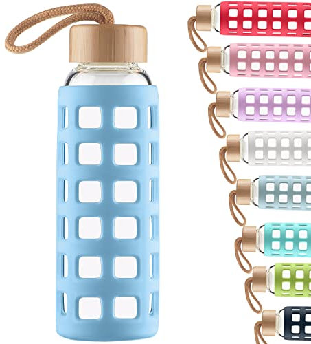Cleesmil Sport Trinkflasche Glas Wasserflasche mit Silikonhülle mit Bambus Deckel 1000 ml (Blau)