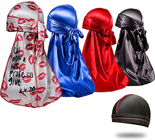 4 Stück Silky Durags for Men 360 Waves, Designer Do Rag, Award 1 Wave Cap - Blau - MEDIUM