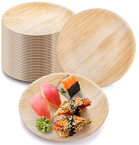 Okllen 30 Pack Palm Leaf Plates, 8/20CM Round Disposable Party Plate Bamboo Style Paper Alternative, Eco-Friendly Compostable Dinnerware Appetizer Plates for Weddings, Camping, Restaurant