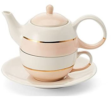 NEu teemando® Tea for one Set Lieske, rosa Keramik mit Goldauflage, 4-teilig Kanne: 0,4 l, Tasse: 0,2 l