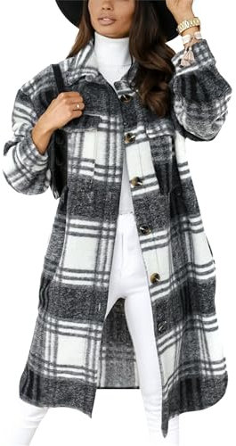 EFOFEI Damen Umlegekragen Tops Baggy Revers Knopf Jacken Side Split Überzieher Boyfriend Karo Bluse Dunkelgrau M