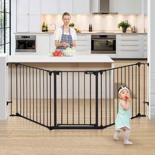 COMOMY 80 Extra Wide Baby Gate, Dog Gate for House Stairs Doorways Fireplace, Auto Close Pet Gate with Door Walk Through, 3 Metal Panels, Hardware Mounted Baby Fence Indoor Outdoor(30 Tall, Black)
