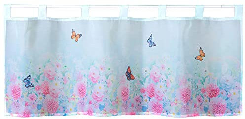 heimtexland ® Scheibengardine Blumen Gardine Digitaldruck HxB 45x120 Fensterdekoration Oekotex Bistrogardine Typ789 Blumen Türkis