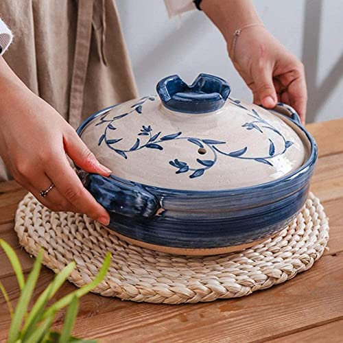 DUOLEMY Cazuela tradicional japonesa de arcilla de donabe, olla caliente familiar, cazuela de cerámica con aislamiento redondo, olla para cocinar al vapor a fuego lento (2.2L)