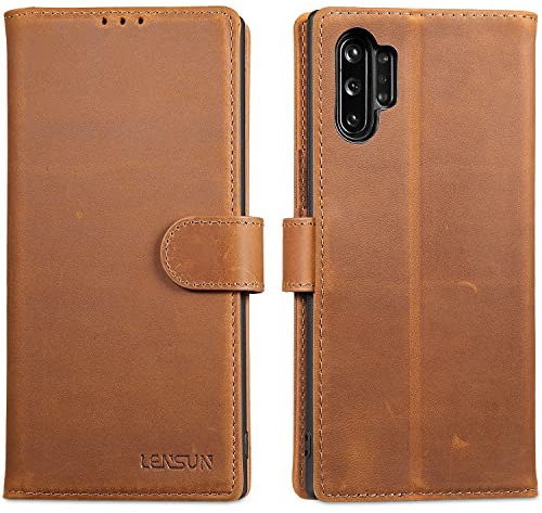 LENSUN Coque Samsung Galaxy Note 10 + (Plus), Étui Cuir Véritable Portefeuille Housse [RFID Blocage] Protection Fermoir Magnétique pour Galaxy Note 10 Plus 5G- Brun Rétro
