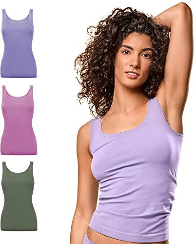FOCENZA Canotta Donna Spalla Larga in Morbida Microfibra, Intimo Senza Cuciture, Multipack da 3 Pezzi in Vari Colori, Made in Italy (Oliva-Malva-Lavanda, L-XL)