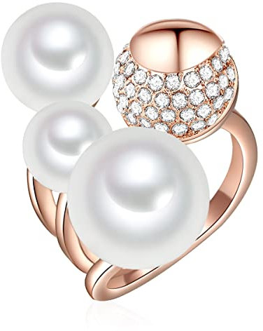 Lulu Jane Damen-Ring aus Messing rosévergoldet mit Muschelkernperlen Rund 8-12 mm weiß Glassteine - Perlenring Cocktailring