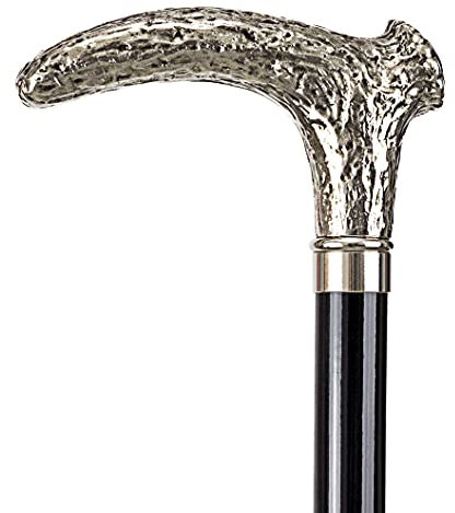 Gehstock ROTHIRSCH, glanzverchromter Winkelgriff in Hirschhorn- Form, Metall schwarz höhenverstellbar 79-100 cm inkl. Gummipuffer