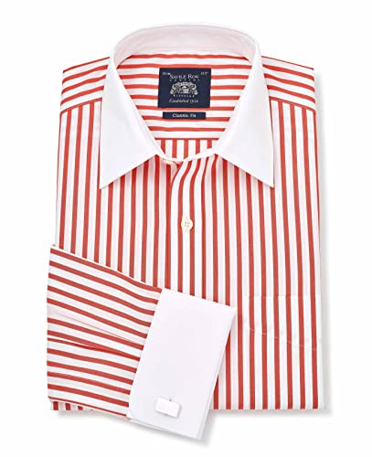 THE SAVILE ROW COMPANY LONDON Men's Classic Fit Cotton Poplin Formal Shirt - Double Cuff - Red Stripe with White Collar & Cuffs - 19.5 Collar - Standard