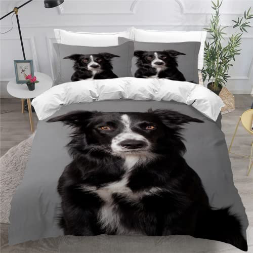 Bettwäsche 220x240 3 teilig Tiere Hunde Bettwäsche 3D Bettbezug Set Border Collie Mikrofaser Bettwäsche-Set-1 x Bettbezug 220x240cm mit verdecktem Reißverschluss + 2 x Kissenbezug 80x80cm