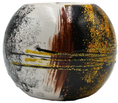 Keramik Teelichthalter mit abstrakten Muster, schwarz/braun/Gold, Handarbeit, Größe: H/Ø ca. 7 x 7 cm