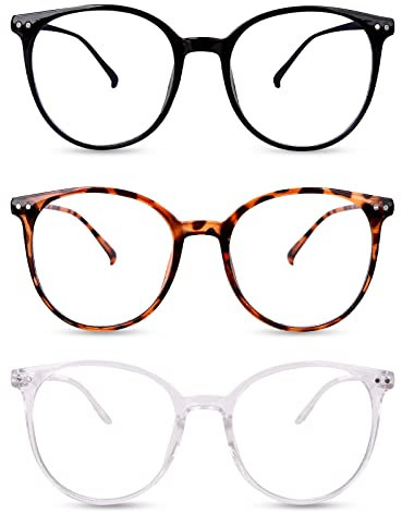 Gukasxi - 3 Pack Blue Light Blocking Glasses, Round Frame, Light Weight Clear Lens Reading Glasses for Women & Men; Computer Glasses, Anti-Glare Eyeglasses