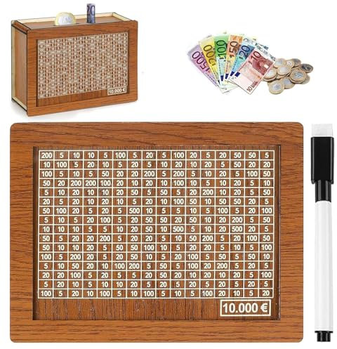 JLTXKST Spardose aus Holz, Sparbox, Wiederverwendbare Spardose mit Marker, für Kinder und Erwachsene, Braun