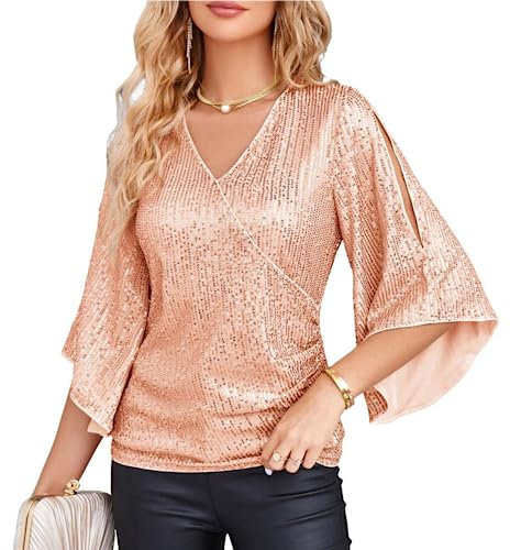 GRACE KARIN Damen Glitzer Top Lange Poncho-Ärmel Bluse Slim Fit V-Ausschnitt Tunika mit Schlitz Stylisch Sommershirt Rosegold Pailletten XL