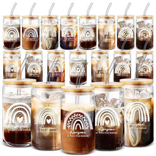 Uiifan Inspirational Gifts - Bicchieri di vetro da 473 ml, con scritta Sometimes You Forget You're Awesome, So This is Your Reminder, con coperchio in bambù, cannuccia in vetro, regalo di