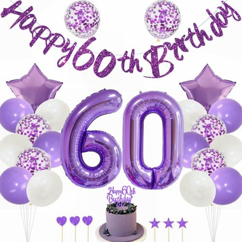 Kiwochy Lila 60. Geburtstag Dekoration für Mädchen - Tortendeko, Luftballons, Nummer 60 Folienballon - Party Deko Set
