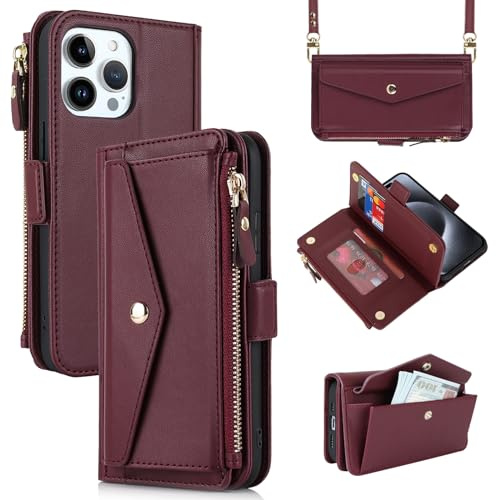 Cavor Crossbody iPhone 15 Pro Case With Strap Lanyard,Flip Leather Wallet Case,[9 Card Holder][Detachable][Zipper pocket],Cover Phone Case Women for iPhone 15 Pro - Red