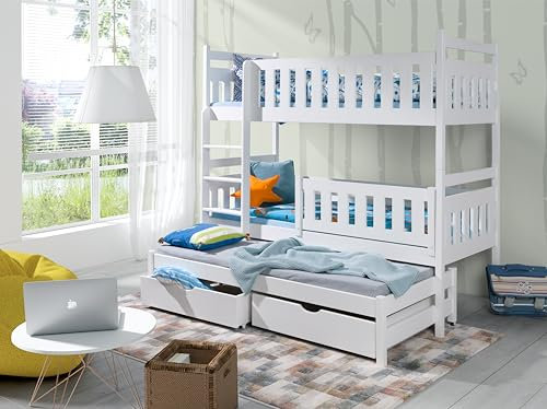 KEF ANIA Etagenbett Kinder 160x80cm - Etagenbett 3 Personen - Holz Kinderbett Ausziehbar - Etagenbett für DREI Kinder - Bett mit Ausziehbaren Schubladen und Matress - Weiß - Leiter Links