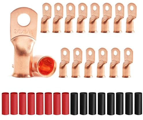 16Pcs 2/0 AWG 5/16 Stud Heavy Duty Copper Wire Lugs with 16Pcs Heat Shrink Tubing 2/0 Gauge Copper Ring Terminals Battery Cable Ends Bare Copper Eyelets Tubular Ring Terminal for Car Boat Marine
