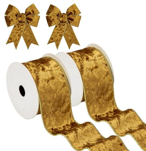 Hollyone 2PCS Gold Samtband 6.3cm x 10yds, Vintage Weihnachtsband für Geschenkverpackungen, breites Geschenkband für Weihnachtsdekoration, Kranzschleifen Dekoration Handwerk Hochzeit Geburtstag