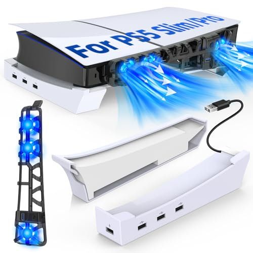 PS5 Slim//PS5 Pro Horizontal Stand with Slient Cooling Fan, Compatible with Playstation 5 Slim//PS5 Pro Disc & Digital Editions, Built-in LED Light, 5*USB 2.0 for Data & Charging, Easy to Install