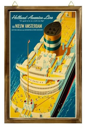 Farmhouse Gerahmtes Holzschild Holland America Line Amsterdam Oceanliner Vintage Kreuzfahrtschiff Reise Kunstdruck Wandbehang Holz-Bilderrahmen Heimdekoration 20 x 25 cm