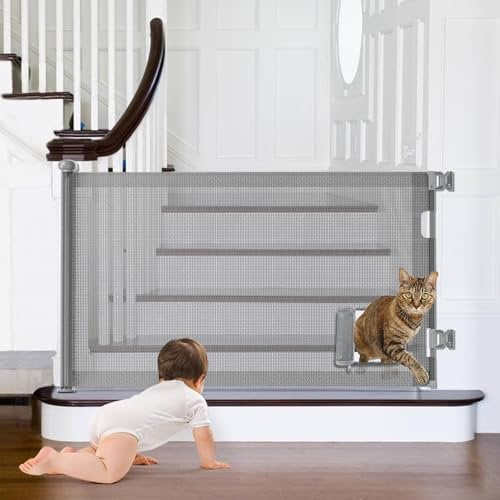 Treppenschutzgitter Türschutzgitter Ausziehbar 0-140 cm, Treppenschutzrollo Absperrgitter Hund, Kindersicherung Schutzgitter Treppe für Babys und Haustiere Geeignet für Treppen, Türen, Terrasse Gates