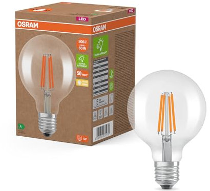 Osram LED Classic LED-Lampe mit Filament in klassischer Ballform, klarer Glasleuchtkörper, 3.8 W, E27 Fassung, EEK A, 806 lm für die Allgemeinbeleuchtung, Globe 95mm