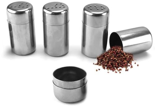 WJUAN 4 Stück Mini Salzstreuer, Silber, Edelstahl, Mini-Gewürzstreuer, P-Typ- und S-Typ-Netzöffnungen, Leicht und Tragbar, Salz- und Pfefferstreuer Klein, Geeignet für Zuhause, Hotel, Camping