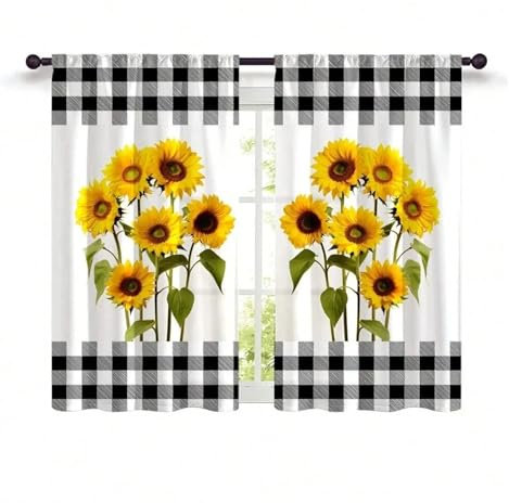 Tende Corte 2 Pezzi Tende da Cucina Decorative con Stampa a griglia Fresca e Moderna con Girasoli for Decorare camere da Letto, studi, Bar e soggiorni(W70xH100cm)