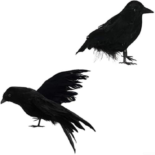 2 Stück schwarze lebensechte Raben-Film-Requisiten, künstliche Krähe, Halloween-Jagd-Dekoration, Vögel, Halloween-Raben-Dekoration, nicht gefälschte Krähen-Requisite für Horror-Mottopartys