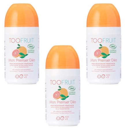 TOOFRUIT Mein Erster Deoroller Bio-zertifizierter Kinder Deoroller mit antibakteriellem BIO-Salbeiwasser und Feuchtigkeit absorbierendem Bambus-Extrakt (Grapefruit-Minze / 3er-Pack)