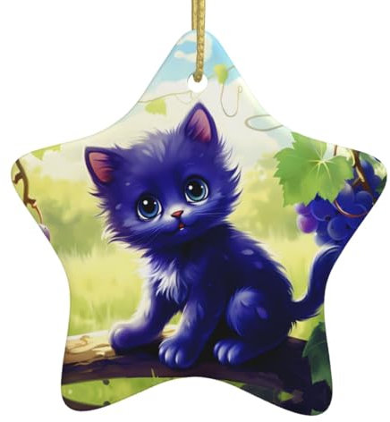 Weinrebe blaue Katze Weihnachten Keramik Stern Anhänger 8,9 x 8,9 cm inkl. Weihnachtsbaumschmuck, Zuhause für Versammlungen
